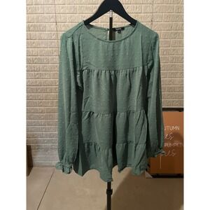 Roly Poly Sage‎ Green Swiss Dot Tiered Long Sleeve Blouse Small